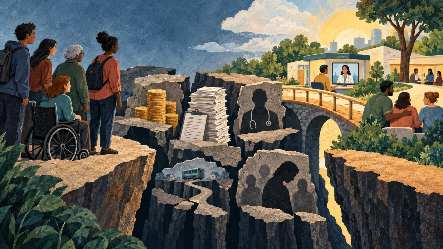 Editorial illustration of people facing cost, paperwork, distance and workforce barriers while bridges lead toward mental-health care.