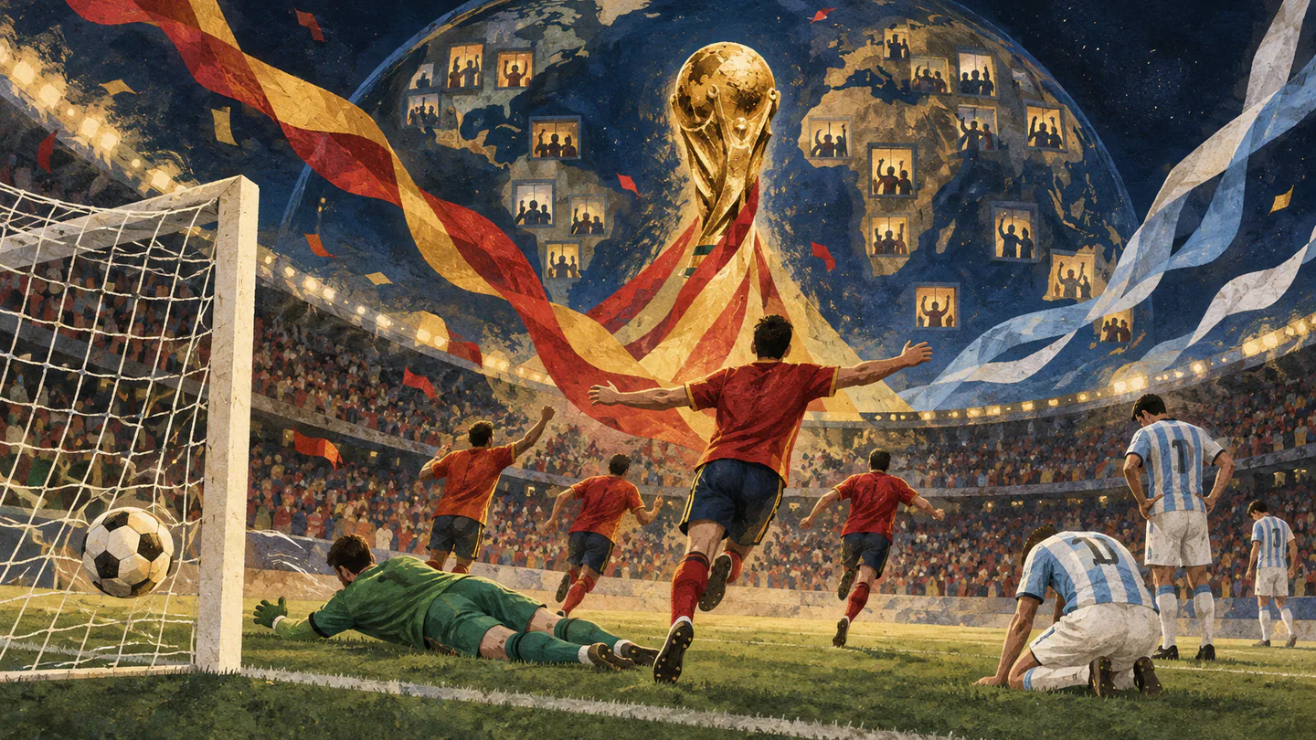 Editorial illustration of Spain scoring against Argentina in the 2026 World Cup final as a global audience watches.