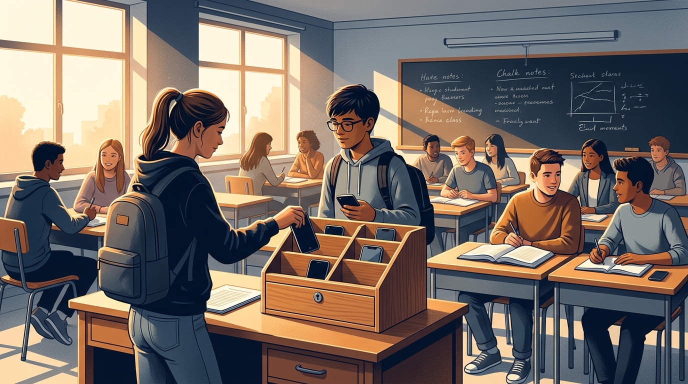 Students place their cellphones in lockboxes under Maine’s statewide school phone ban.