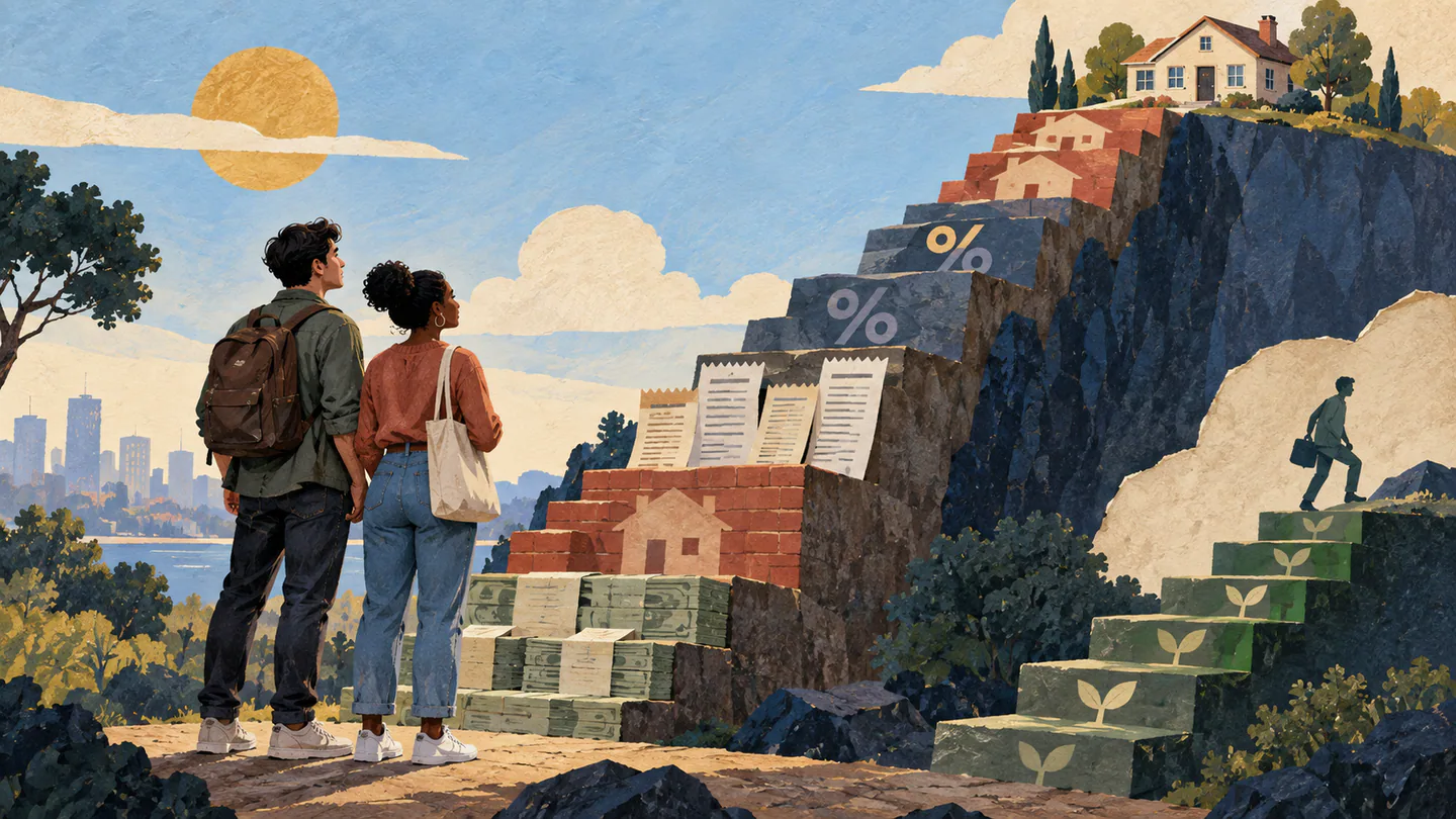 Editorial illustration of a young couple facing a steep path to homeownership built from prices, rates, rent and down-payment costs.