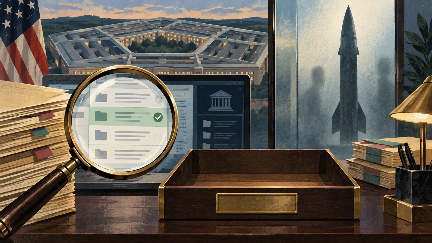 Editorial illustration of Pentagon contract records under a magnifying glass beside an empty award tray and an abstract missile shadow.