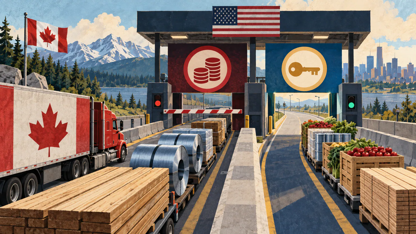 Editorial illustration of Canadian cargo sorting into tariff and exemption lanes at the US border.