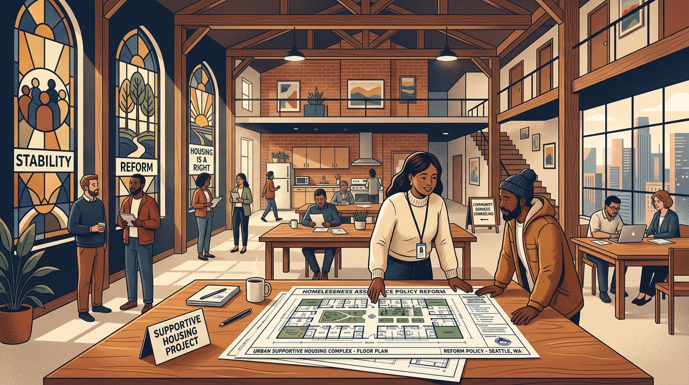Editorial illustration of community supportive housing, stained-glass windows, and homelessness assistance policy reform in the United States.