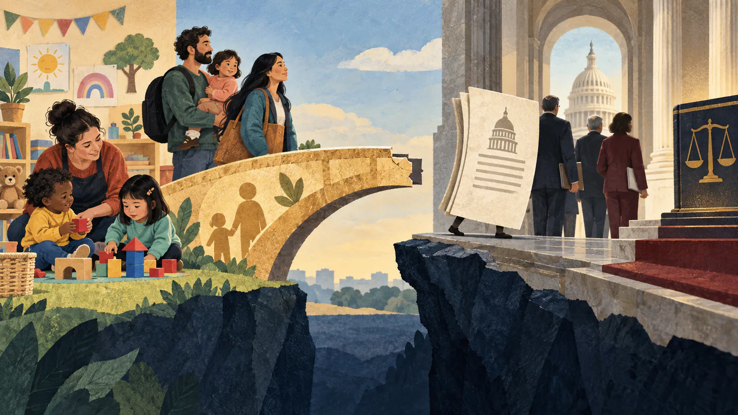Editorial illustration of families and a child-care classroom separated from the Capitol by an incomplete legislative bridge.