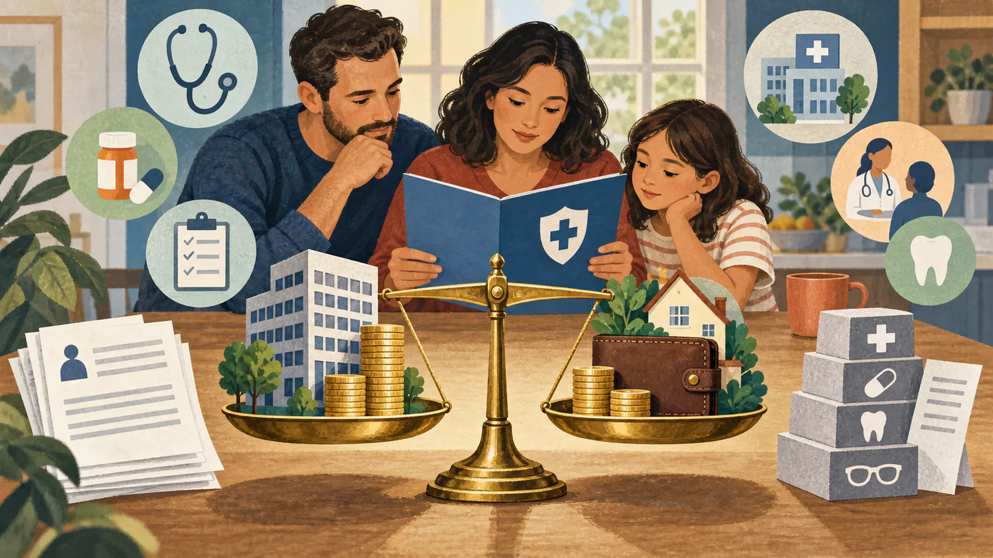 Editorial illustration of a family comparing health-plan costs on a balance shared by an employer and household wallet.